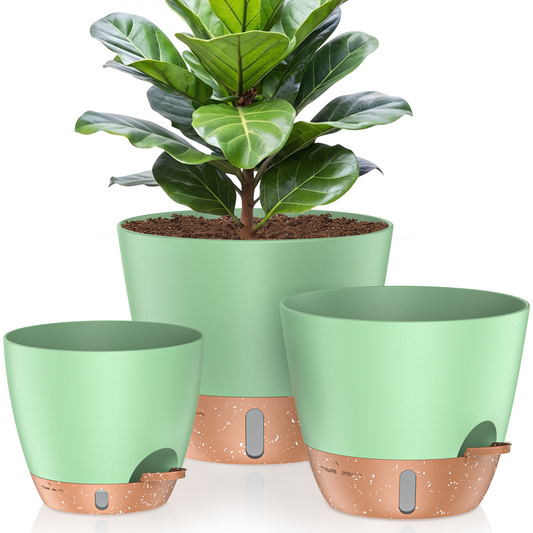 12/10/8 Inch Self Watering Plant Pots, Large Plastic Planters with Drainage Holes, Water Level Indicator & Deep Reservoir, Flower Pots for Indoor Outdoor Garden Plants（Green）