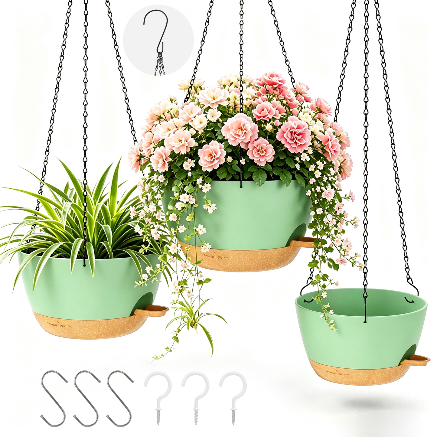 3 Pack 12/10/8 Inch Self Watering Hanging Planters, Plastic Hanging Baskets with Drainage Holes, Hanging Chains, S-Hooks and Ceiling Hooks for Indoor Outdoor Plants (Green)
