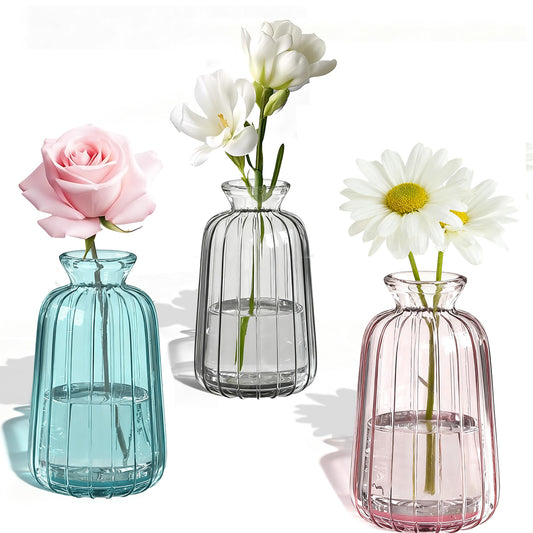 3 Pack Glass Bud Vases Set, Colorful Small Flower Vases, Vintage Mini Ribbed Vases for Rustic Wedding Centerpieces, Home and Party Table Decor