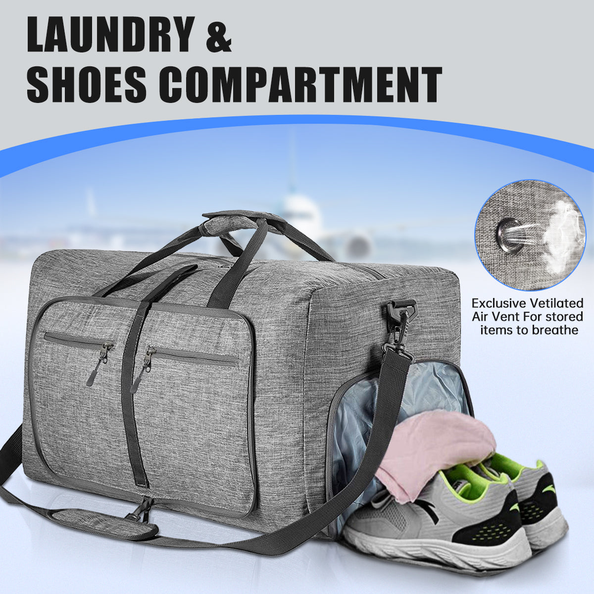 20" Travel Duffle Bag for Men, 40L Foldable Travel Duffel Bag with Shoes Compartment