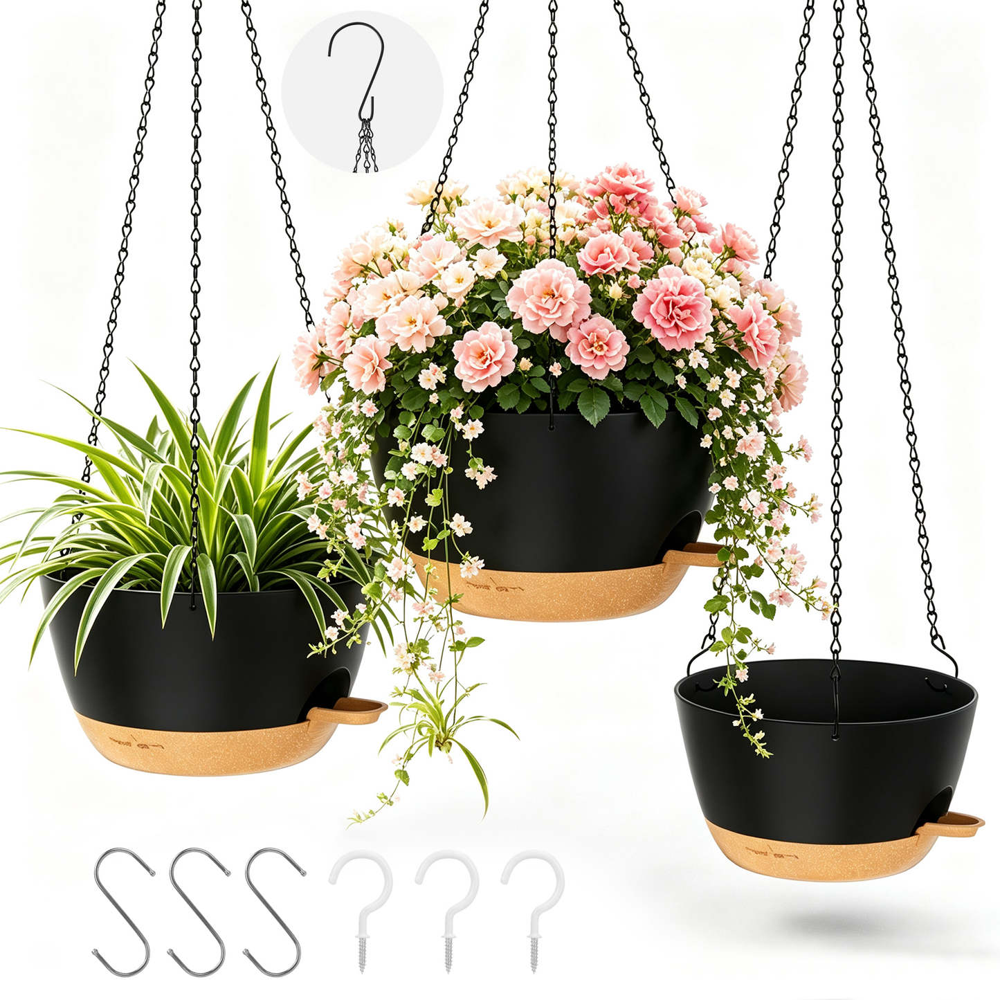 3 Pack 12/10/8 Inch Self Watering Hanging Planters, Plastic Hanging Baskets with Drainage Holes, Hanging Chains, S-Hooks and Ceiling Hooks for Indoor Outdoor Plants (Black)