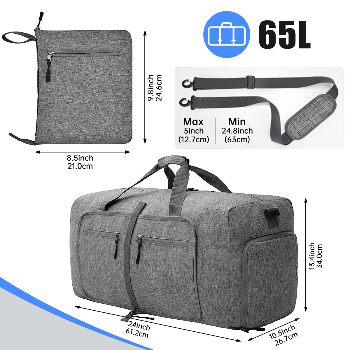 24" Large Travel Duffle Bag for Men, 65L Foldable Travel Duffel Bag with Shoes Compartment