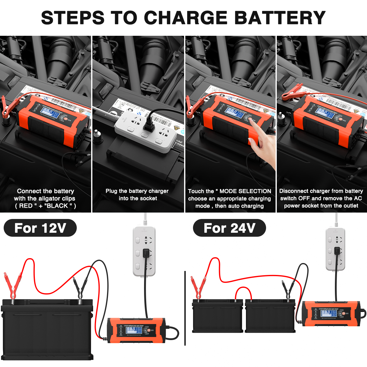 12V/10A 24V/5A Car Battery Charger with LCD Display, Fully-Auto Smart Battery Charger, Pulse Repair Charger