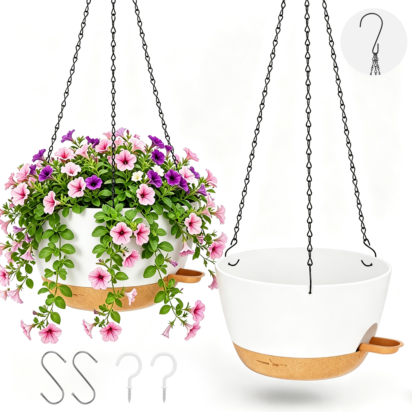 2 Pack 10 Inch Self Watering Hanging Planters, Plastic Hanging Baskets with Drainage Holes, Hanging Chains, S-Hooks and Ceiling Hooks for Indoor Outdoor Plants (White)