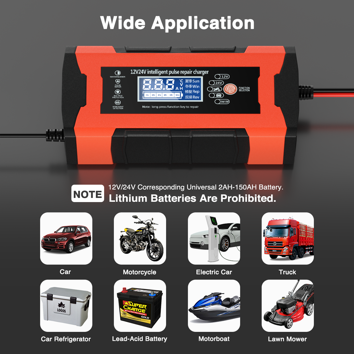 12V/10A 24V/5A Car Battery Charger with LCD Display, Fully-Auto Smart Battery Charger, Pulse Repair Charger