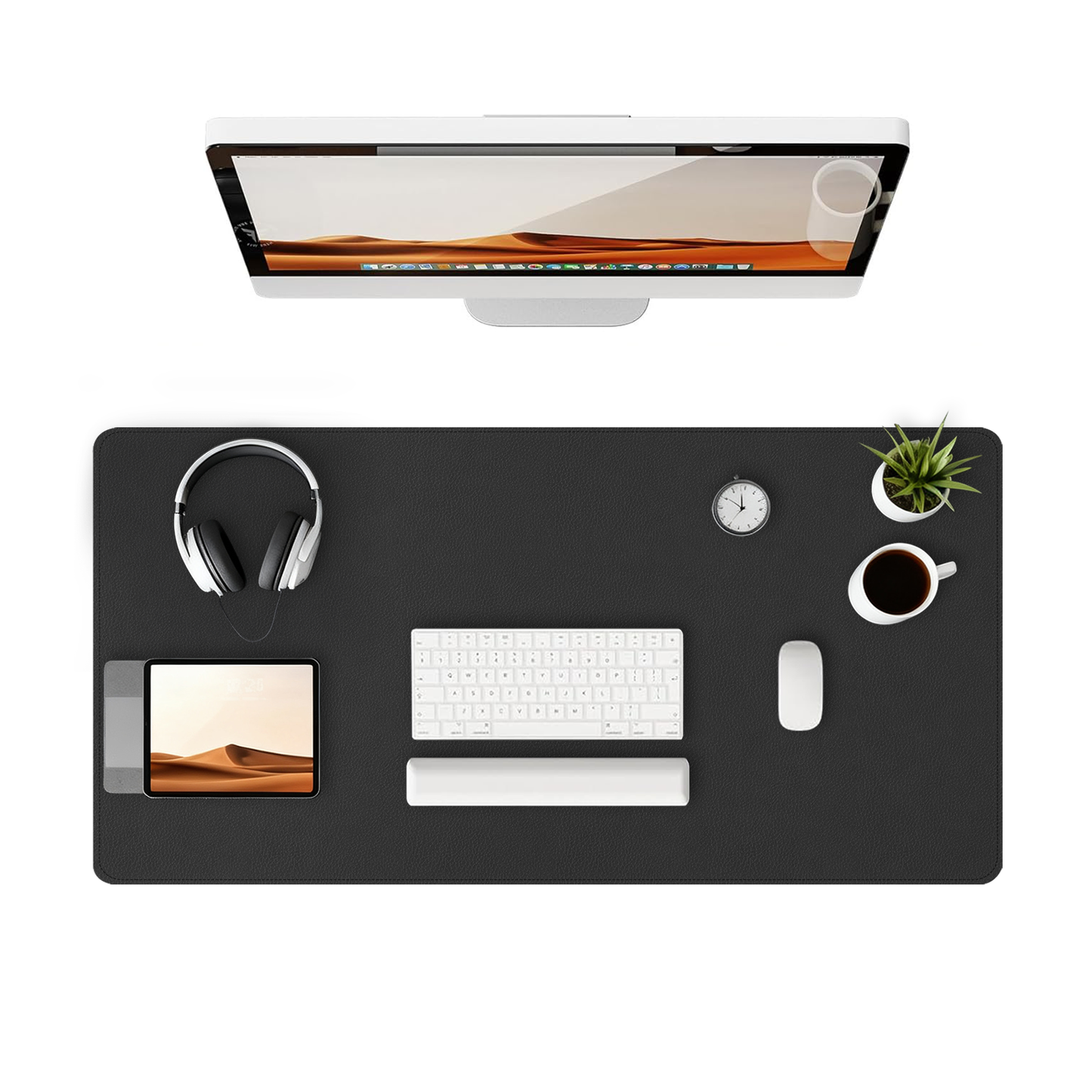 Leather Desk Pad Protector, Large PU Mouse Pad, Waterproof Office Desk Mat, Non-Slip Desk Blotter Pad with Strap, Writing Pad for Office and Home (Black, 31.5”x15.7”)