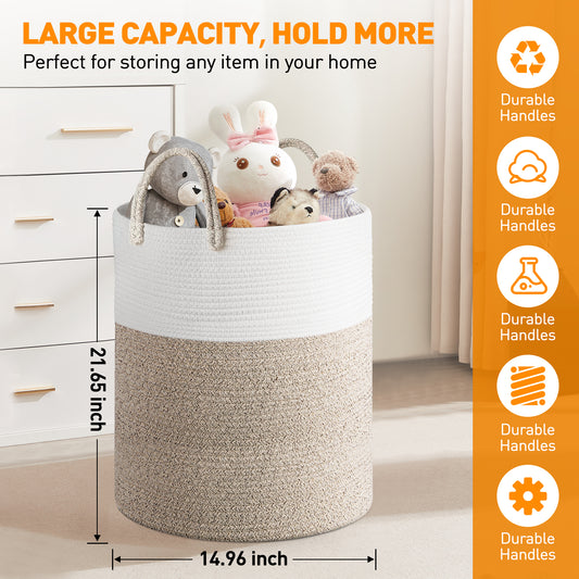 Large Cotton Rope Basket, 15"x15"x20"(58L) Woven Baby Laundry Blanket Basket, Toy Basket with Handle, Laundry Hamper for Storage Comforter Cushions, Blanket Basket for Living Room, Laundry, Nursery