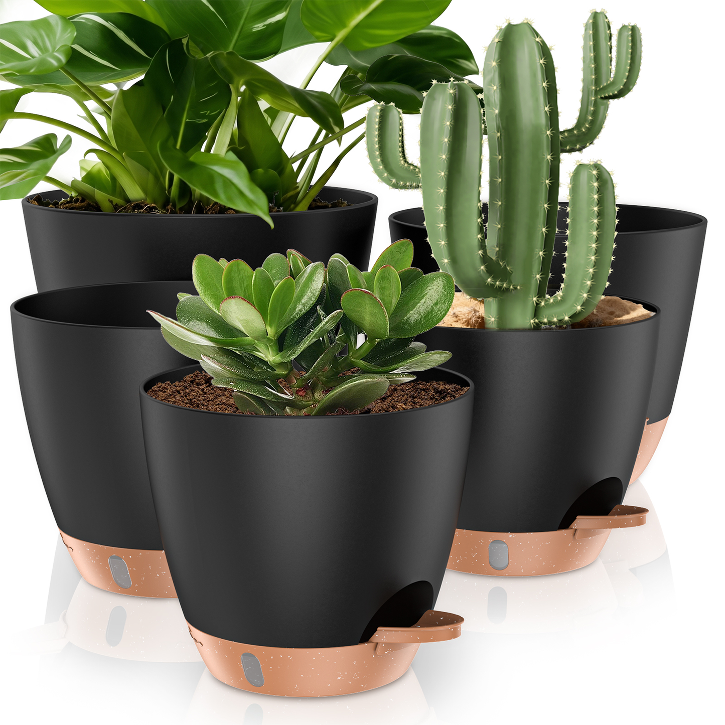 5 Pack Self Watering Plant Pots, 10/9/8/7.5/7 Inch Large Plastic Planters with Drainage Holes, Water Level Indicator & Deep Reservoir, Flower Pots for Indoor Outdoor Garden Plants（Black）