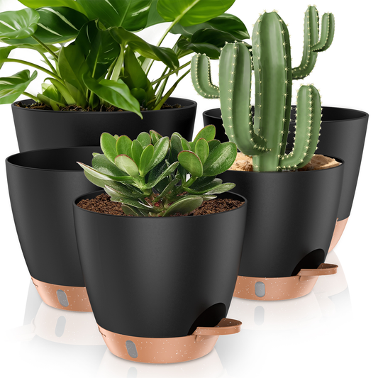 5 Pack Self Watering Plant Pots, 10/9/8/7.5/7 Inch Large Plastic Planters with Drainage Holes, Water Level Indicator & Deep Reservoir, Flower Pots for Indoor Outdoor Garden Plants（Black）