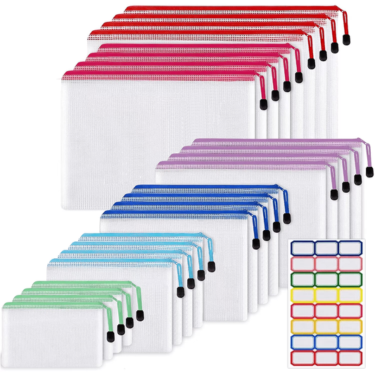 XUEYU 24pcs Mesh Zipper Pouch Bags, 6 Sizes Plastic Bags, 6 Colors Waterproof Pouches with Slide Fastener for Organization, Multipurpose for Travel, School Supplies, Office and Home Organization