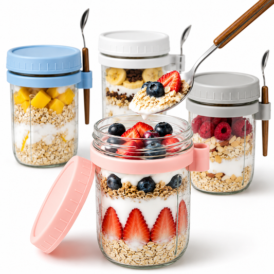 XUEYU 4 Pack Overnight Oats Containers with Lids and Spoons, 16 oz Glass Jars for Yogurt, Cereal, Fruit