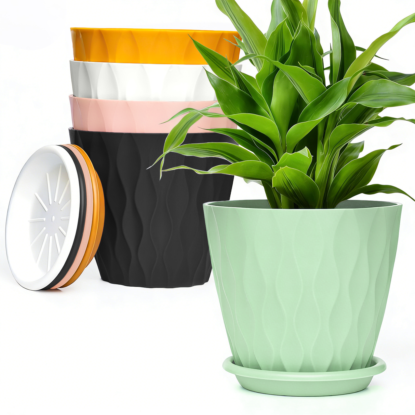 6-Inch Plastic Plant Pots, 5-Pack Flower Pots with Drainage Holes & Saucers, Indoor Outdoor Planters for Garden & Home, Multicolor