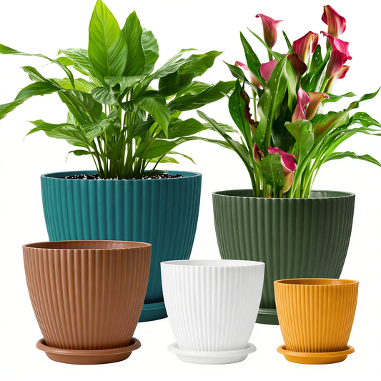5 Pack Plant Pots, Flower Pots with Drainage Holes and Saucers, Plastic Planters for Indoor Outdoor Garden Plants, 7/6.5/5.5/5/4.5 Inch（Black）