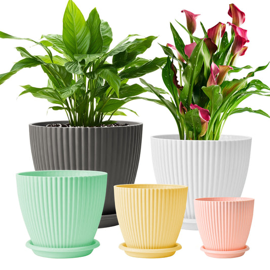 5 Pack Plant Pots, Flower Pots with Drainage Holes and Saucers, Plastic Planters for Indoor Outdoor Garden Plants, 7/6.5/5.5/5/4.5 Inch（White）