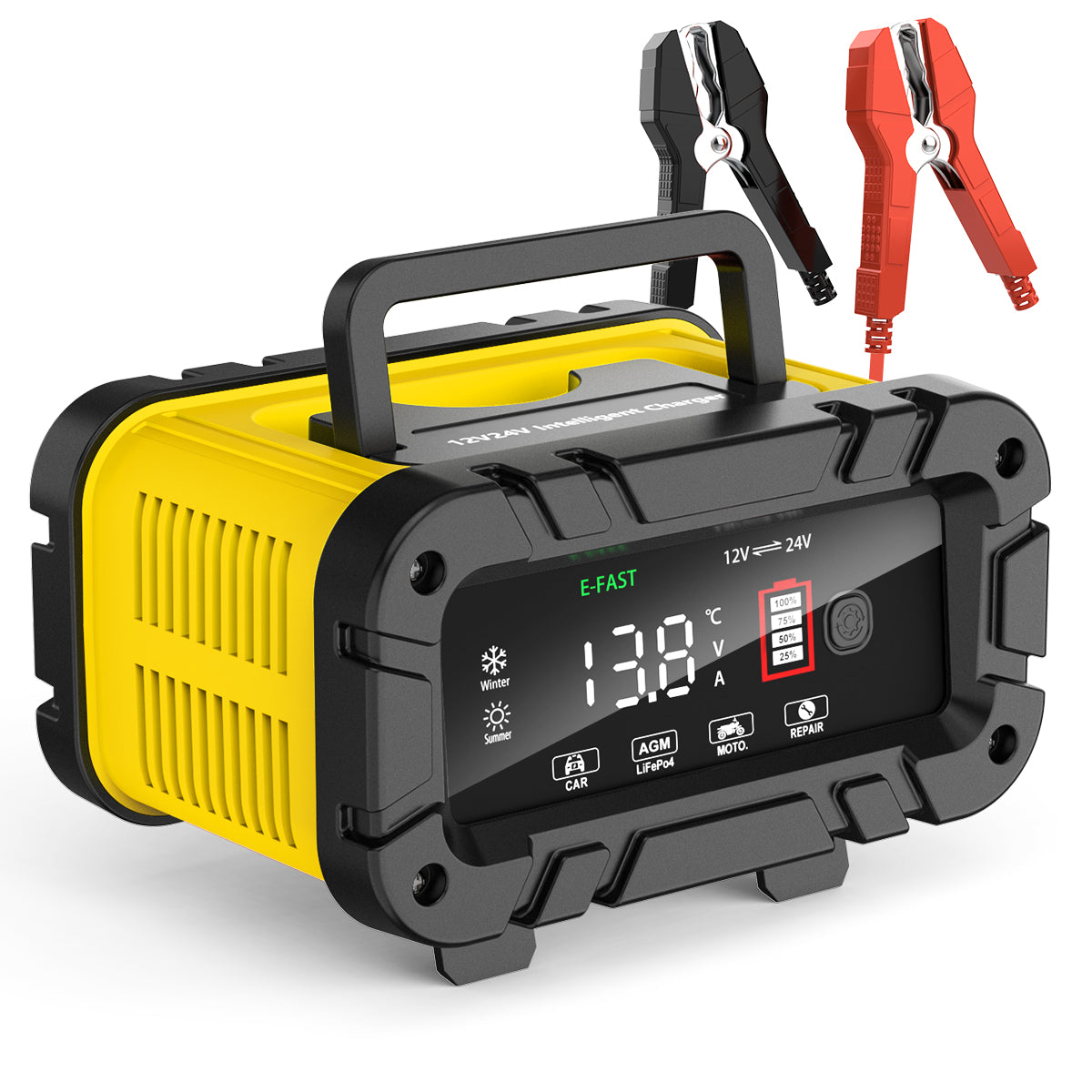 XUEYU 12V 24VBattery Charger, 20-Amp Portable Car Battery Charger 7-Stage Trickle Charger LiFePO4 Lead Acid Smart Battery Maintainer w/Temp Compensation for Car Truck Motorcycle Lawn Mower, Yellow