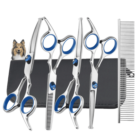 XUEYU 6 in 1 Dog Grooming Scissors Kit, 4CR Stainless Steel & Heavy-duty, Professional Dog Scissors for Grooming w/ Safety Round Tips, Sharp & Study Cat Grooming Shears Kit for Dogs Cats Pets(Blue)