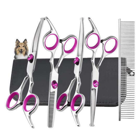XUEYU 6 in 1 Dog Grooming Scissors Kit, 4CR Stainless Steel & Heavy-duty, Professional Dog Scissors for Grooming w/ Safety Round Tips, Sharp & Study Cat Grooming Shears Kit for Dogs Cats Pets(Pink)