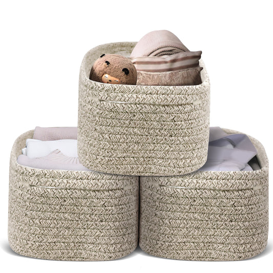 3 Pack of Rope storage Basket Bins,12"x8"x5" Woven Basket for Organizing Shelves Rectangle Decorative Baskets For storage Clothes Toys Books Towels Square Wicker Nursery basket organizer 3 pack