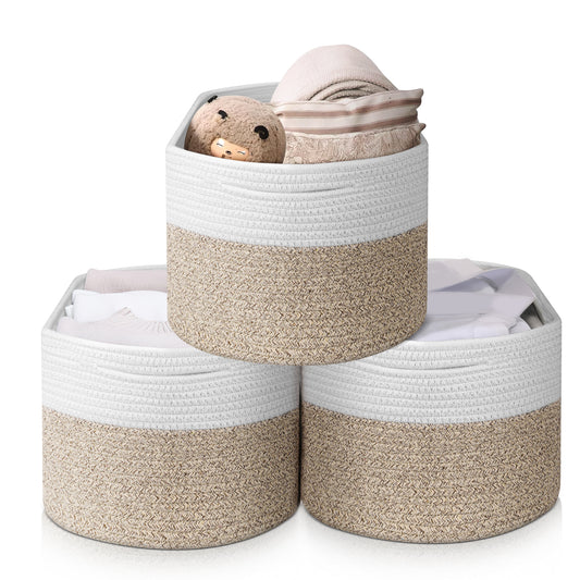 Woven Baskets for Storage, 3 Pack 18L Cotton Rope Baskets for Organizing, 11''x11''x9'' Woven Rope Basket Cube Bin Square Shelves Organizer, Toy Basket or Storage Bins for Living Room, Baby Nursery