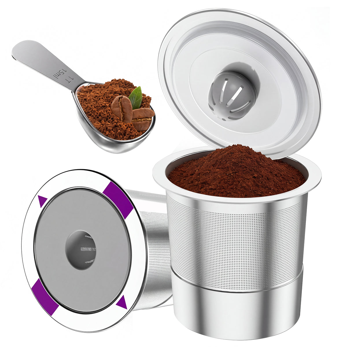 Reusable Stainless Steel K-Cups (2-Pack) with Scoop, Mesh Filter Coffee Pods with Silicone Sealing Ring, BPA -Free, Compatible with Keurig 1.0 & 2.0 Coffee Machines, Durable & Easy to Clean