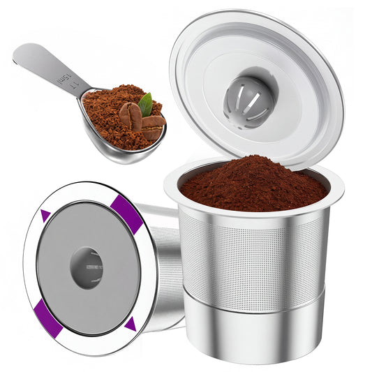 Reusable Stainless Steel K-Cups (2-Pack) with Scoop, Mesh Filter Coffee Pods with Silicone Sealing Ring, BPA -Free, Compatible with Keurig 1.0 & 2.0 Coffee Machines, Durable & Easy to Clean