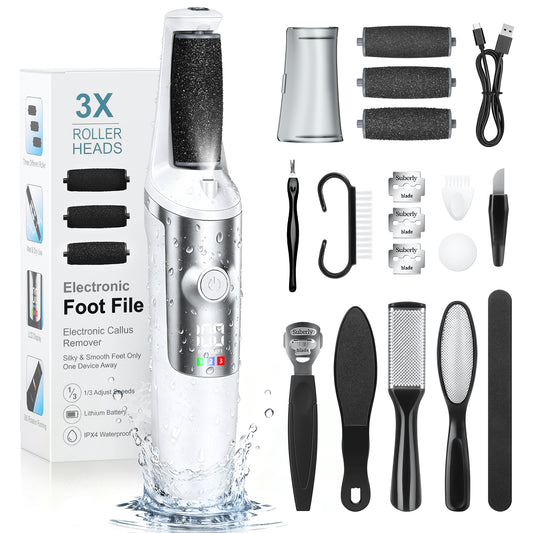 XUEYU Electric Foot Callus Remover, Waterproof Callus Remover for Feet W/ 3 Speed, 18 in 1 Rechargeable Foot Scrubber Kit W/ 3 Roller Heads, Portable Pedicure Tools for Feet, Foot File for Dead Skin