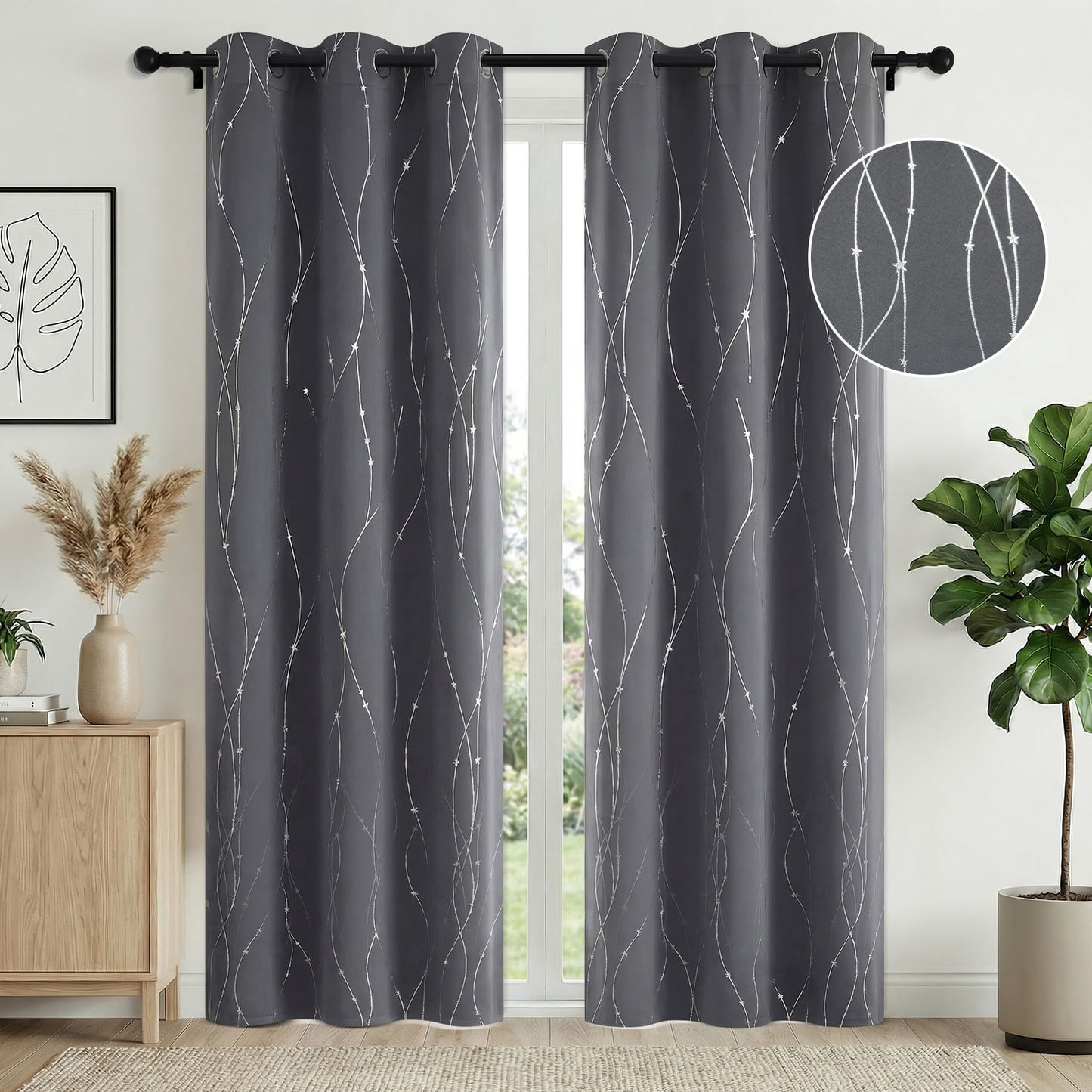 XUEYU 100% Blackout Curtains for Bedroom, Light Blocking Thermal Insulated Curtains with Noise Reduction, 42x84 Inch Room Darkening Window Drapes, Set of 2 Panels, Gray Print