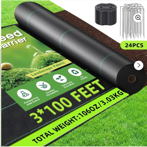 3ftx100ft Weed Barrier Landscape Fabric, Heavy Duty Gardening Ground Cover Mat, Weed Block Garden Cloth, Woven Garden Weed Fabric for Gardening, Farming with 24 U-Shaped Securing Pegs