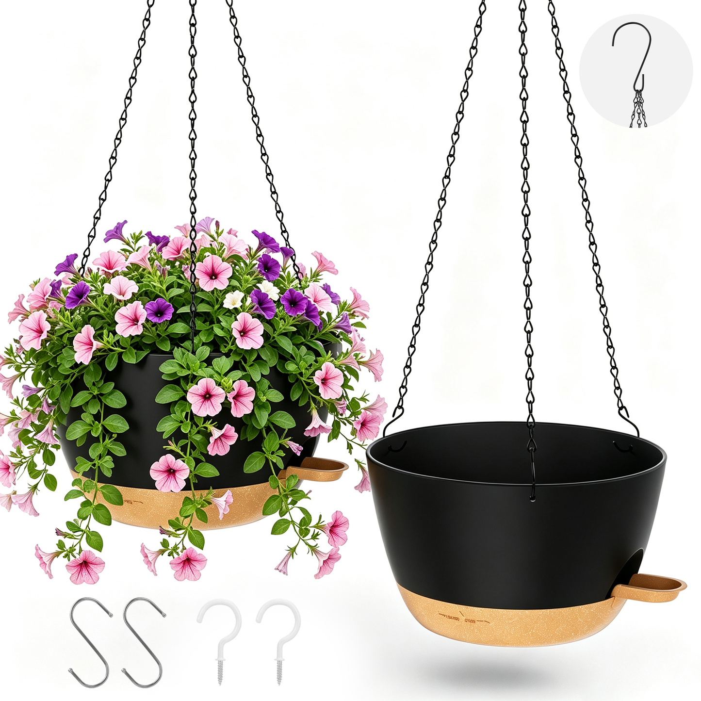 2 Pack 10 Inch Self Watering Hanging Planters, Plastic Hanging Baskets with Drainage Holes, Hanging Chains, S-Hooks and Ceiling Hooks for Indoor Outdoor Plants (Black)
