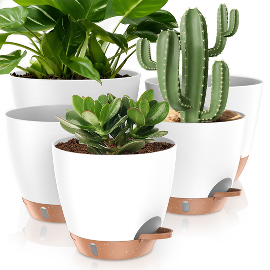 5 Pack Self Watering Plant Pots, 10/9/8/7.5/7 Inch Large Plastic Planters with Drainage Holes, Water Level Indicator & Deep Reservoir, Flower Pots for Indoor Outdoor Garden Plants（White）