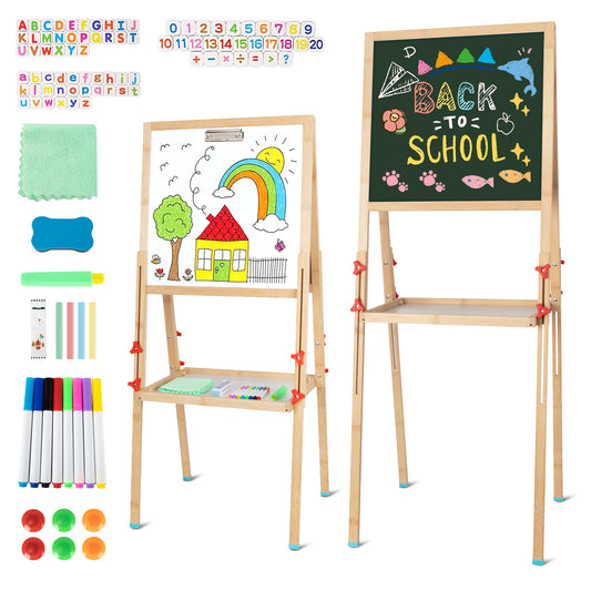 Xueyu 39" - 47.43" Adjustable Bamboo Children's Art Easel with Whiteboard, Chalkboard, Accessories and Tray