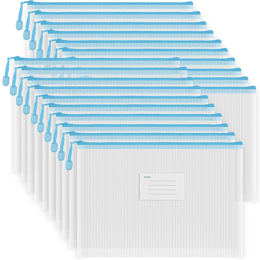 XUEYU 20 Pcs A4 Mesh Zipper Pouch Bags, Waterproof Letter Size Zipper Bags, Puzzle Bag with Label Pocket for School, Office Supplies, Cosmetics, Travel Storage and Home Organize